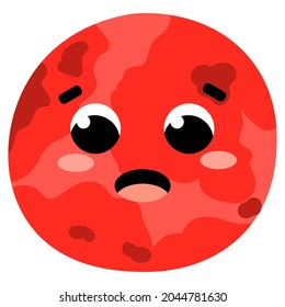 Colourful cute mars planet character with kawaii face in cartoon style isolated on white background for educational kids space game cards or astronomical posters, childish solar system element