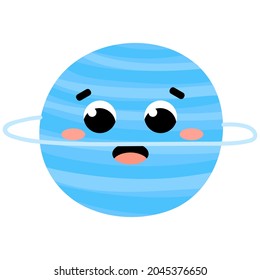 Colourful cute uranus planet character with kawaii face in cartoon style, isolated on white background for educational kids space game cards or astronomical posters or projects