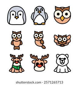 colourful cute winter  animal icon set