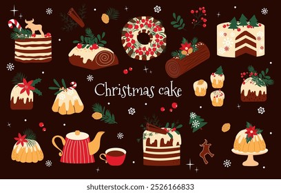 Colourful delisious set of traditional Christmas cakes and desserts. Vector illustration of cakes, cupcakes, pie, teapot, cup of tea, gingerbread, cinnamon and winter decoration.