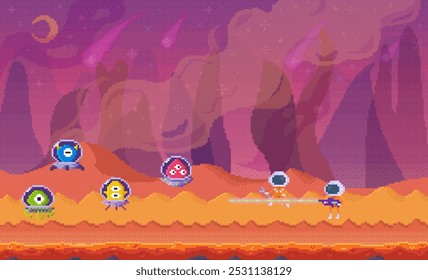 Colourful desert-like planet scene with cute alien creatures and silhouetted explorers. Purple sky with moons and stars. Ideal for space adventures, exploration, sci-fi themes, alien worlds