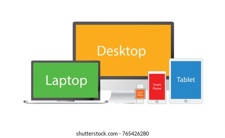 Colourful desktop, laptop, mobile, tablet and smart watch in vector graphics