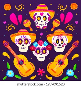 Colourful dia de los muertos greeting card, square composition with sugar skulls, flower elements, sombreros