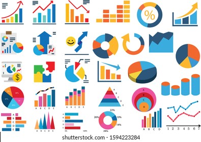 Colourful diagram and chart icons. Vector set of abstract graph elements. Data statistics, infographics, analysis tools. Business illustration.