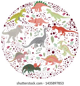 Colourful Dinosaurs Round Flat Hand Drawn Stock Vector (Royalty Free ...