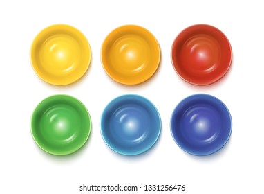 Colourful Dishes Service Set Isolated On White. Top View. Vector Photo Realistic Illustration