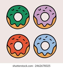 Colourful donuts set. Simple cartoon style in retro groovy colours. Vector illustration. Isolated.