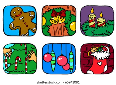 Colourful doodle Christmas icons set