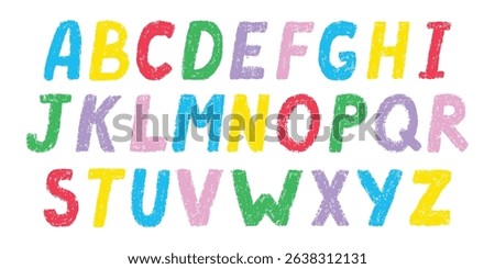 Colourful Doodle crayon children font, cartoon kids English alphabet with crayon texture. Vector hand-drawn letters, cute chalk texture. Color pencil children font.