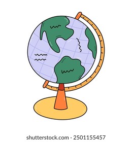 Colourful doodle globe with stand for school lesson of geography. Table Earth globe with world map, ocean, continents for back to school, study, education. Hand drawn outline isolated clipart.