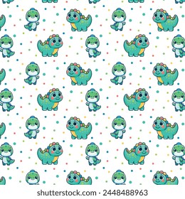 Colourful doodle jurassic pattern with cute dino. Seamless vector print with dinosaurs for baby textile and fabric.