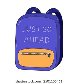 Colourful doodle kids schoolbag with pocket on zipper, lettering. Back to school rucksack full of school supplies. Outline hand drawn backpack for children, students. Isolated childish illustration.