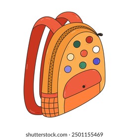 Colourful doodle kids schoolbag with pockets, zipper, badges. Back to school outline rucksack or bag full of school supplies. Hand drawn backpack for children, students. Childish illustration