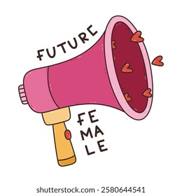 Colourful doodle megaphone with hearts emerges from it with lettering Future Female. Cute hand drawn loudspeaker as sign of feminism movement, girl power, women community isolated on white background