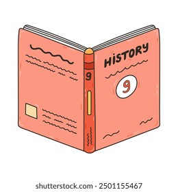 Colourful doodle open school textbook on history for nine grade. Cute kids academic book, literature, encyclopedia. Back to school supply for study, reading, learning. Hand drawn outline illustration