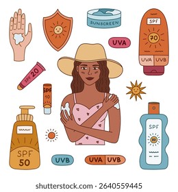 Colourful doodle set about sun protection. Hand drawn young girl applying sunblock, lotion, cream and spray with SPF, lipstick. Trendy doodle collection for prevention sunburn isolated on white.