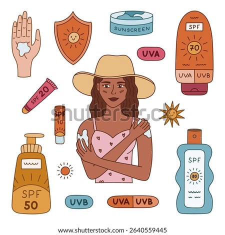 Colourful doodle set about sun protection. Hand drawn young girl applying sunblock, lotion, cream and spray with SPF, lipstick. Trendy doodle collection for prevention sunburn isolated on white.