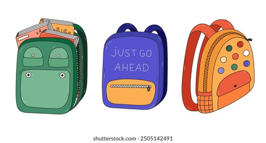 Colourful doodle set of kids schoolbag with books and school supplies. Cute rucksack, bag, backpack for children, students. Hand drawn back to school clipart with outline. Childish illustration.