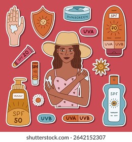 Colourful doodle sticker layout about sun protection and prevention sunburn for planners, notebook, scrapbook. Ready for print list of hand drawn stickers with girl using sunblock, SPF lipstick