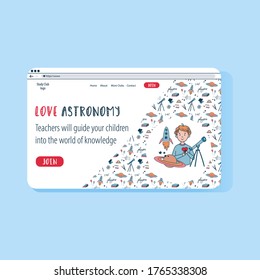 Colourful doodle vector illustration with astrophysicist. Online education. website template for kids. 