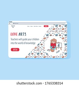 Colourful doodle website template for creativity and drawing online school. Woman draws on easel with watercolour. Concept illustration of children arts club.