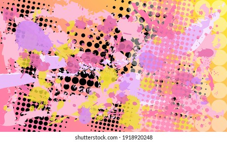 Colourful dots and textured splash doodles, pop art style background. Stylish design for print. Stylish background for text.