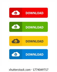 Farbige Download-Schaltfläche mit Cloud-Computing-Symbol. Vektorschaltfläche in Rot, Grün, Gelb und Blau für Web- und App-Benutzeroberflächen-Design.