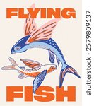 Colourful drawing illustration of flying fish. vector illustration isolated logo design