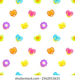 Colourful dummies vector seamless pattern. Front view pacifiers. Background, print, packaging design