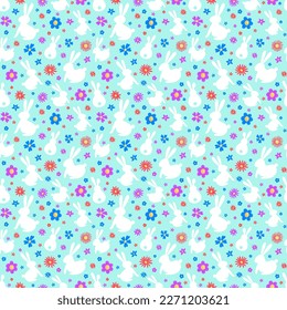 Colorido fondo de Semana Santa con conejitos y flores. Patrón sin foco. Ilustración del vector