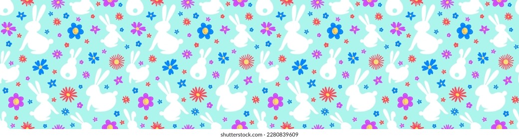 Colourful Easter background with bunnies and flowers. Seamless pattern. Banner. Vector illustration