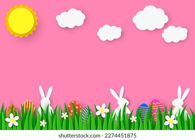 Colourful Easter background with bunnies and painted eggs hidden in spring grass. Paper cut decoration. Vector illustration