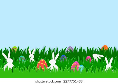 Colourful Easter background with bunnies and painted eggs hidden in spring grass. Paper cut decoration. Vector illustration