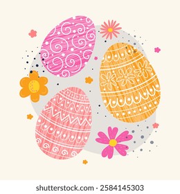 Colourful Easter background. Concept of a poster with painted egg decoration and flowers. Vector illustration