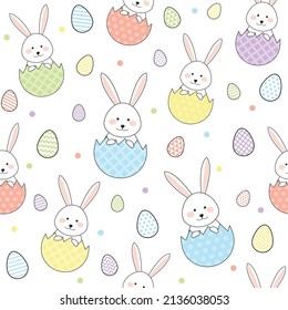 Colourful Easter background with cute bunnies and eggs. Seamless pattern. Vector