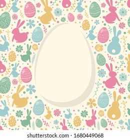 Colourful Easter background with decorative eggs, bunnies and flowers. Poster with copyspace. Vector