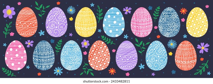 Colourful Easter background. Design of a banner with eggs and flowers. Panoramic header. Vector illustration