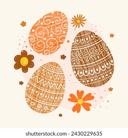 Colourful Easter background. Design of a card with eggs and flowers. Vector illustration