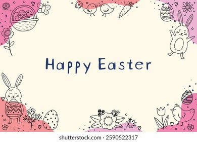 Colourful Easter background with hand drawn bunny, eggs and flowers. Greeting card in cartoon style. Vector illustration