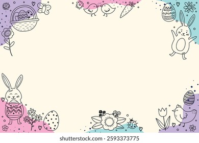 Colourful Easter background with hand drawn bunny, eggs and flowers. Cartoon style. Vector illustration