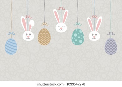 Colourful Easter background with hanging bunnies and decorative eggs. Vector.