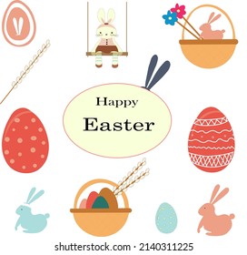Colourful easter banner with bunnies, eggs and flowers. Vector