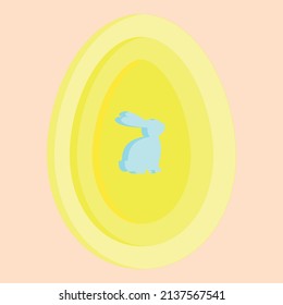 Colourful easter banner with bunny and eggs. Blue rabbit into yellow eggs on bright background. Vector illustration