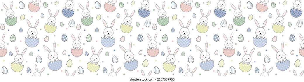 Colourful Easter banner with cute bunnies and eggs. Seamless pattern. Vector