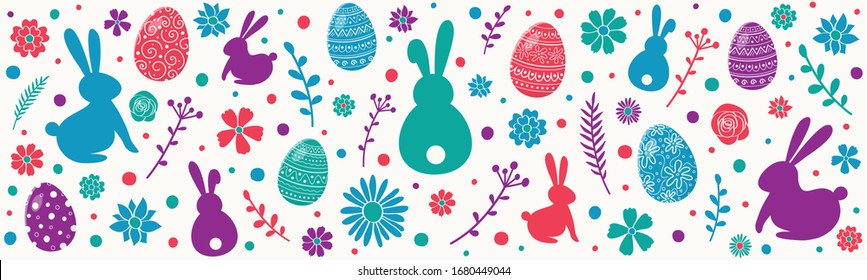 Farbiges Osterbanner. Dekorative Eier, Bräuche und Blumen auf weißem Hintergrund. Vektorillustration