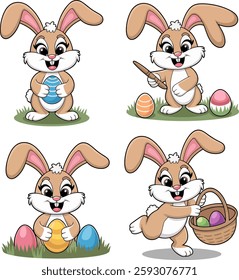 Colourful Easter Bunny Rabbit Illustrations with Eggs and Basket vector, Easter day , Easter elements