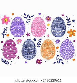 Colourful Easter card. Concept of Easter background with ornate eggs and flowers. Vector illustration