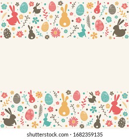 Colourful Easter decoration. White background with decorative eggs, bunnies and flowers. Vector