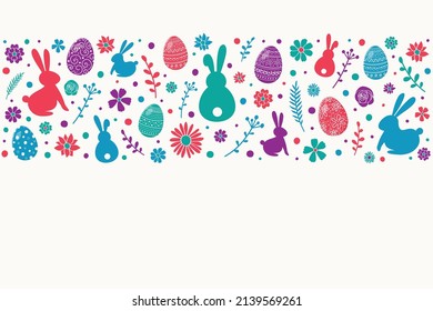 Colourful Easter decoration. White background with decorative eggs, bunnies and flowers. Vector