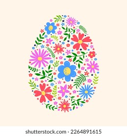 Colourful Easter egg with hand drawn flowers. Concept of a background. Vector illustration